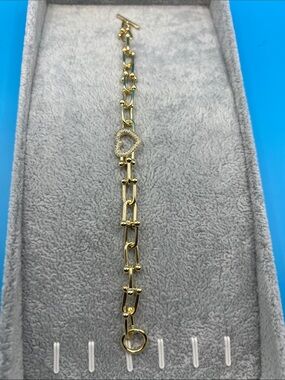 Gold Heart Link Bracelet with Sparkling Heart Accent